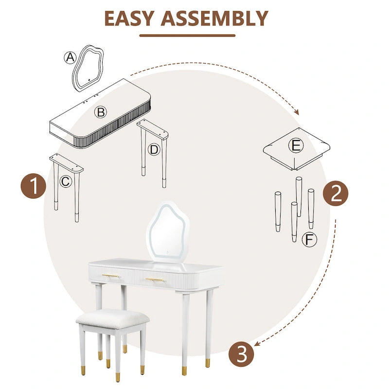 Ensemble coiffeuse individuelle blanche avec miroir LED, tabouret rembourré et 2 tiroirs
