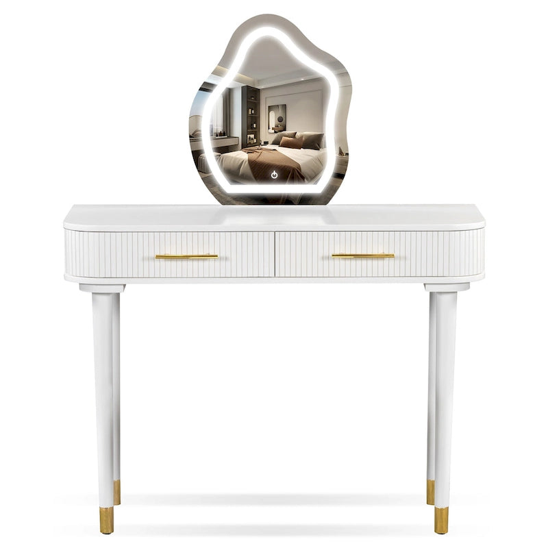 Ensemble coiffeuse individuelle blanche avec miroir LED, tabouret rembourré et 2 tiroirs