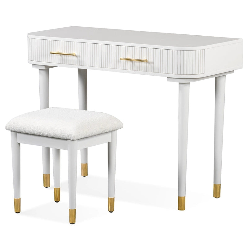 Ensemble coiffeuse individuelle blanche avec miroir LED, tabouret rembourré et 2 tiroirs