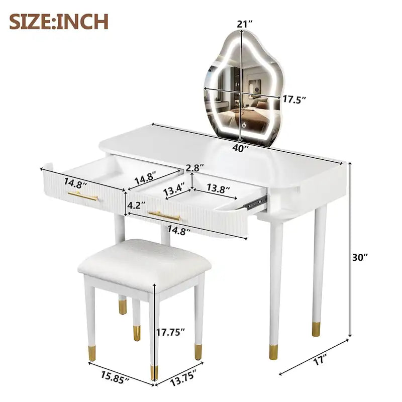 Ensemble coiffeuse individuelle blanche avec miroir LED, tabouret rembourré et 2 tiroirs