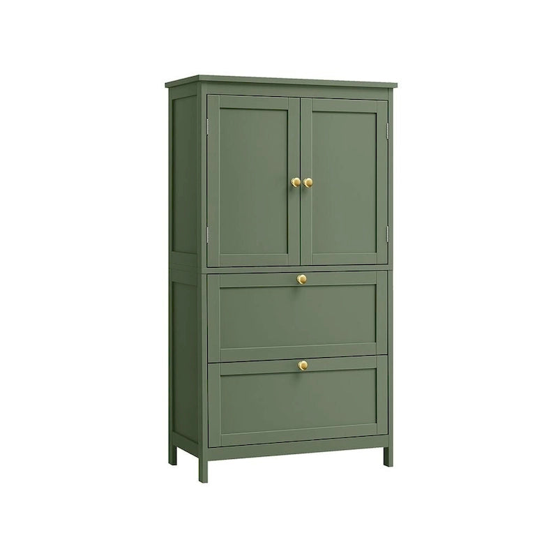 Meuble de salle de bain autoportant avec 2 tiroirs et étagère réglable — Blanc / Gris colombe / Vert forêt