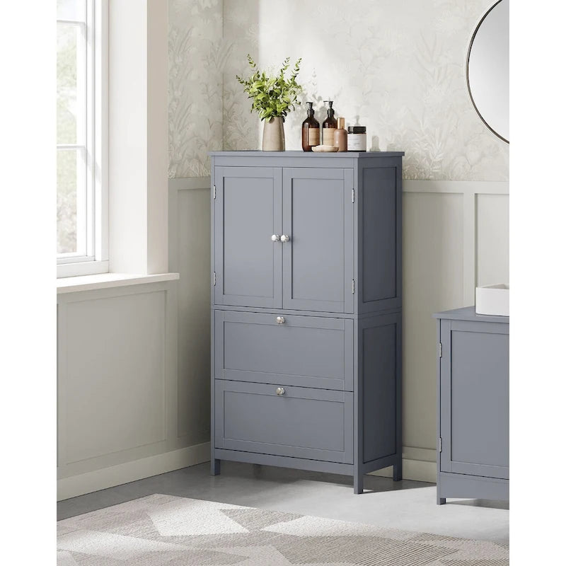 Meuble de salle de bain autoportant avec 2 tiroirs et étagère réglable — Blanc / Gris colombe / Vert forêt
