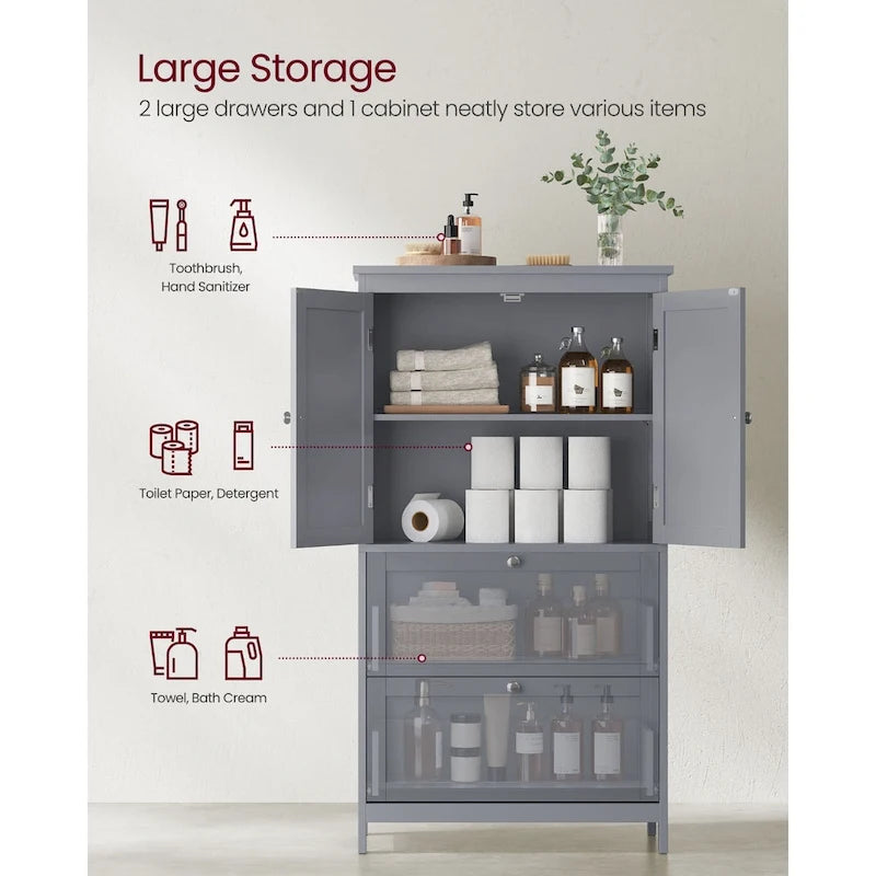 Meuble de salle de bain autoportant avec 2 tiroirs et étagère réglable — Blanc / Gris colombe / Vert forêt