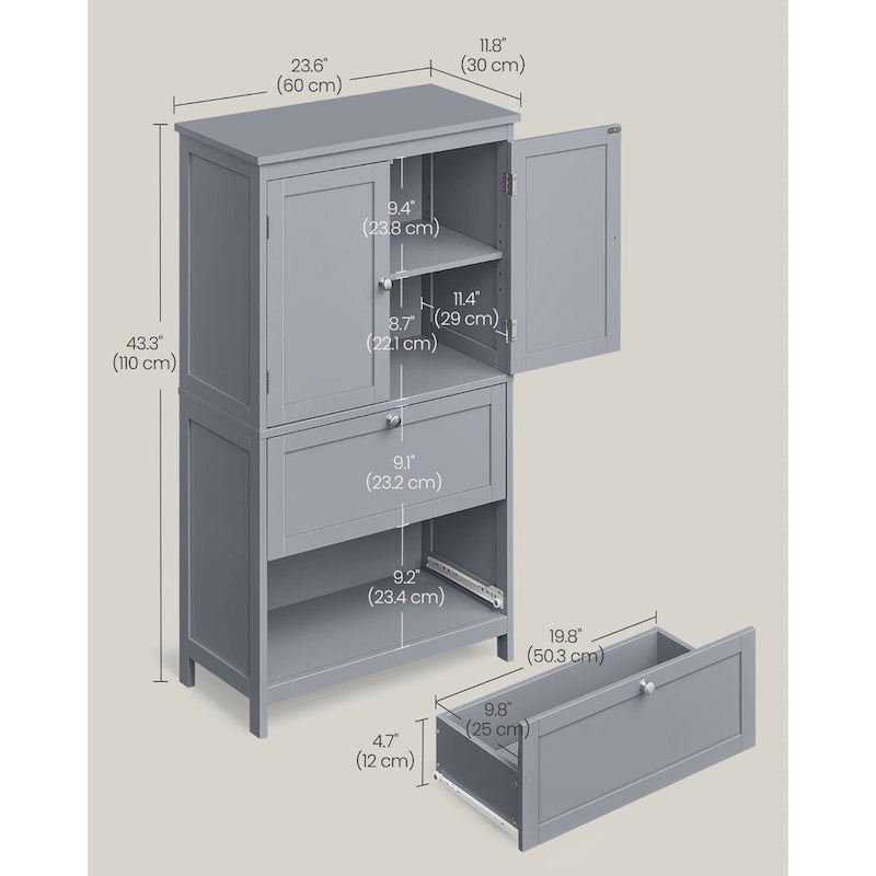 Meuble de salle de bain autoportant avec 2 tiroirs et étagère réglable — Blanc / Gris colombe / Vert forêt