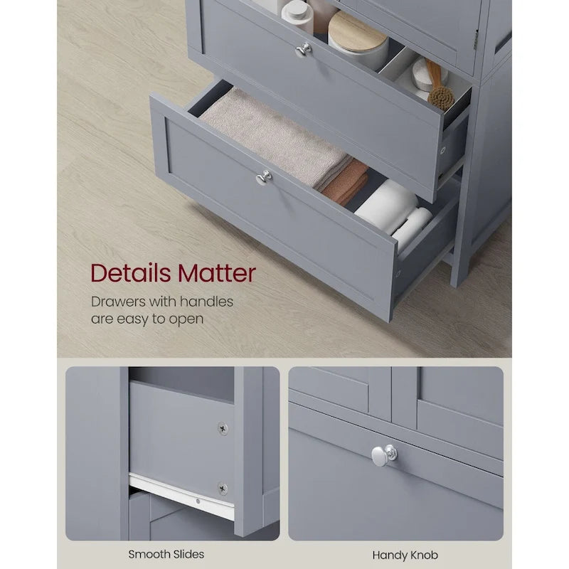 Meuble de salle de bain autoportant avec 2 tiroirs et étagère réglable — Blanc / Gris colombe / Vert forêt