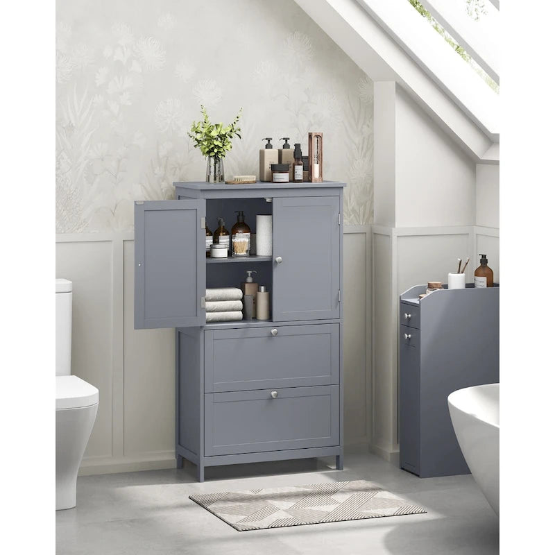 Meuble de salle de bain autoportant avec 2 tiroirs et étagère réglable — Blanc / Gris colombe / Vert forêt