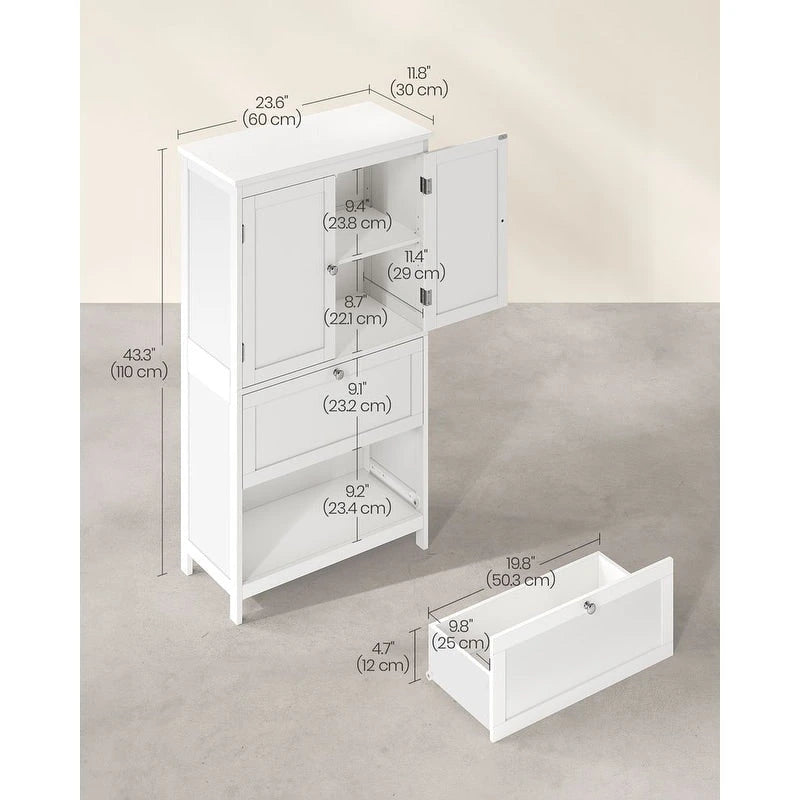 Meuble de salle de bain autoportant avec 2 tiroirs et étagère réglable — Blanc / Gris colombe / Vert forêt