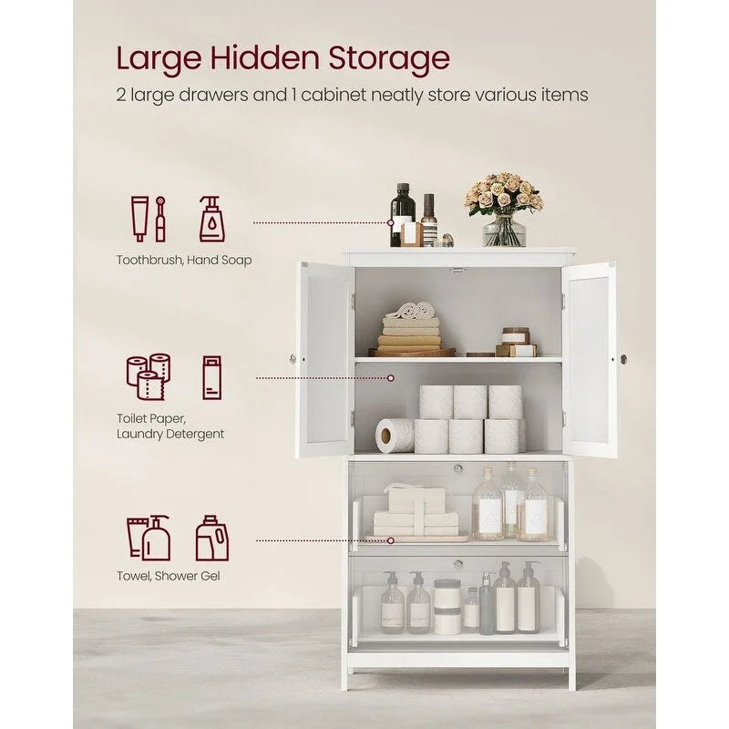 Meuble de salle de bain autoportant avec 2 tiroirs et étagère réglable — Blanc / Gris colombe / Vert forêt