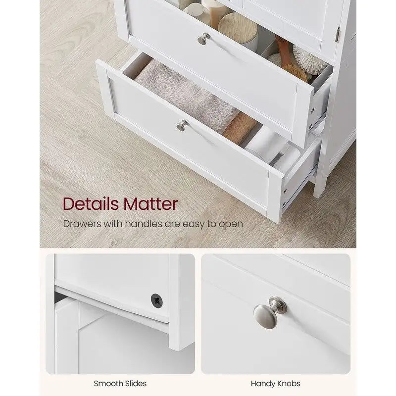 Meuble de salle de bain autoportant avec 2 tiroirs et étagère réglable — Blanc / Gris colombe / Vert forêt