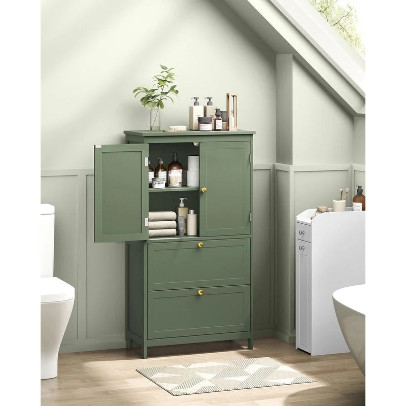 Meuble de salle de bain autoportant avec 2 tiroirs et étagère réglable — Blanc / Gris colombe / Vert forêt