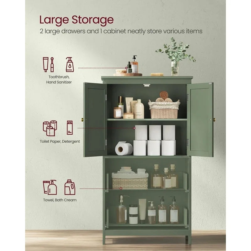 Meuble de salle de bain autoportant avec 2 tiroirs et étagère réglable — Blanc / Gris colombe / Vert forêt