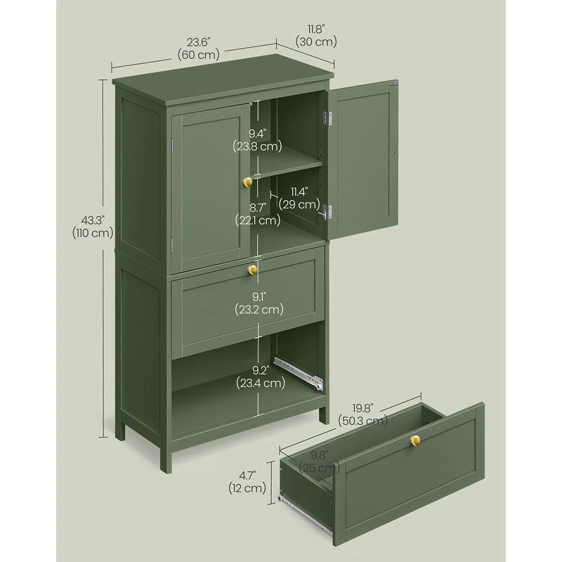 Meuble de salle de bain autoportant avec 2 tiroirs et étagère réglable — Blanc / Gris colombe / Vert forêt