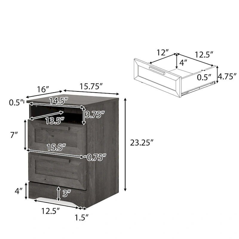 Lot de 2 tables de chevet à 2 tiroirs, style rustique – Érable gris / Noyer