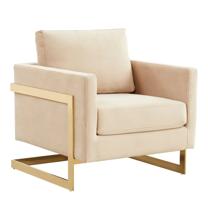 Fauteuil d'appoint du milieu du siècle en velours beige avec pieds dorés, une place
