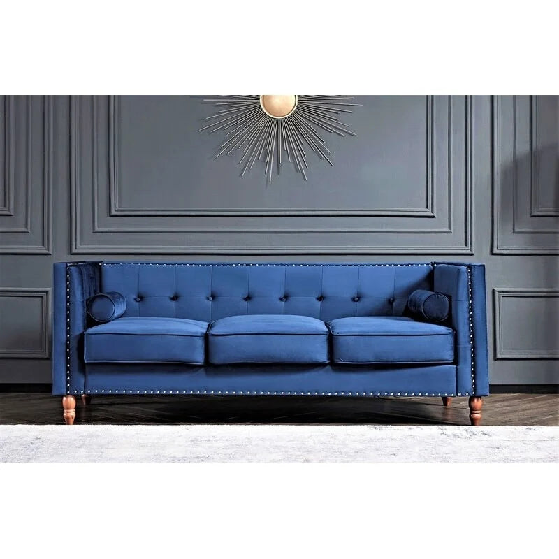 Canapé Chesterfield 3 places en velours à accoudoirs carrés de 83" — Bleu / Vert / Gris / Ivoire