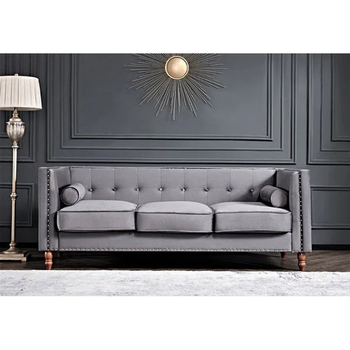 Canapé Chesterfield 3 places en velours à accoudoirs carrés de 83" — Bleu / Vert / Gris / Ivoire