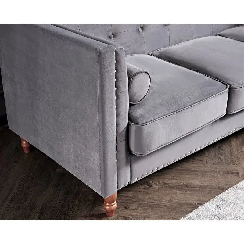 Canapé Chesterfield 3 places en velours à accoudoirs carrés de 83" — Bleu / Vert / Gris / Ivoire