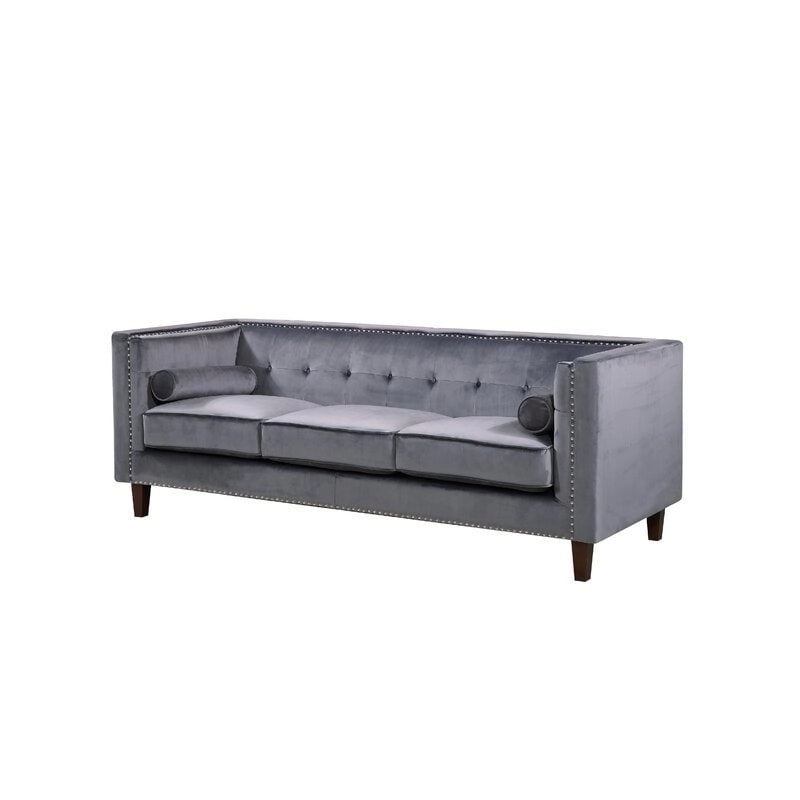 Canapé Chesterfield 3 places en velours à accoudoirs carrés de 83" — Bleu / Vert / Gris / Ivoire