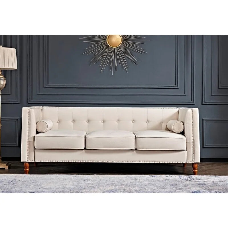 Canapé Chesterfield 3 places en velours à accoudoirs carrés de 83" — Bleu / Vert / Gris / Ivoire