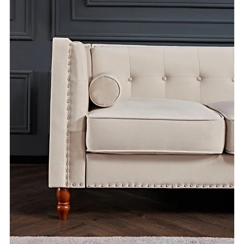 Canapé Chesterfield 3 places en velours à accoudoirs carrés de 83" — Bleu / Vert / Gris / Ivoire