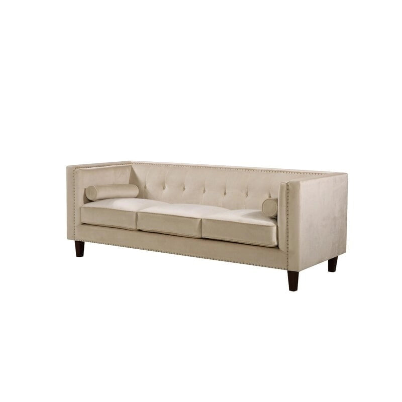 Canapé Chesterfield 3 places en velours à accoudoirs carrés de 83" — Bleu / Vert / Gris / Ivoire