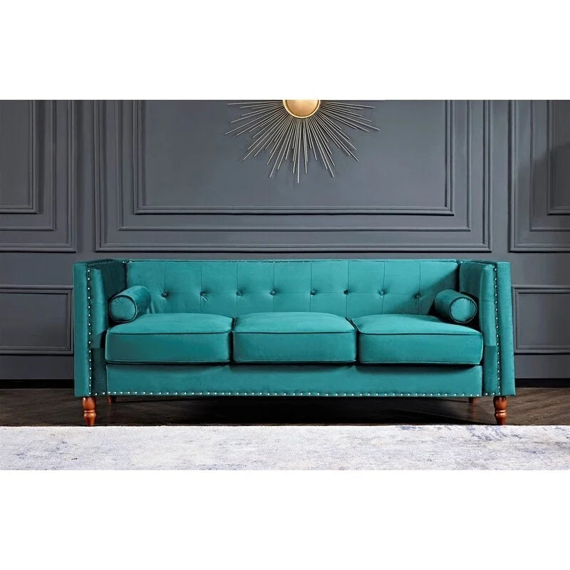 Canapé Chesterfield 3 places en velours à accoudoirs carrés de 83" — Bleu / Vert / Gris / Ivoire