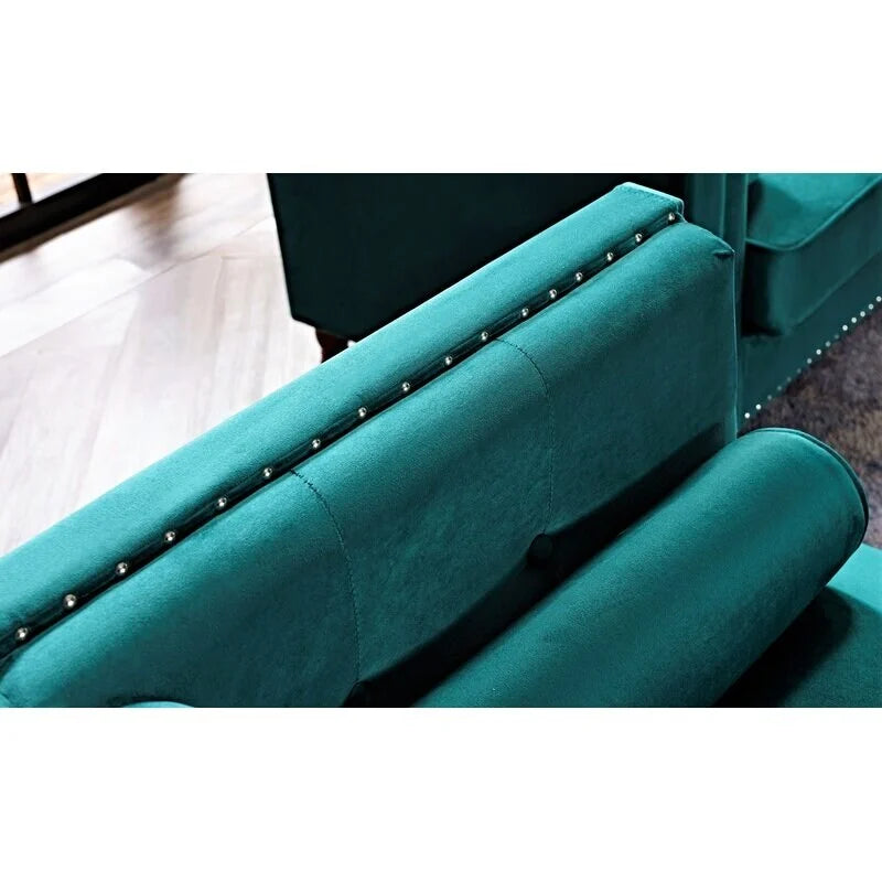 Canapé Chesterfield 3 places en velours à accoudoirs carrés de 83" — Bleu / Vert / Gris / Ivoire