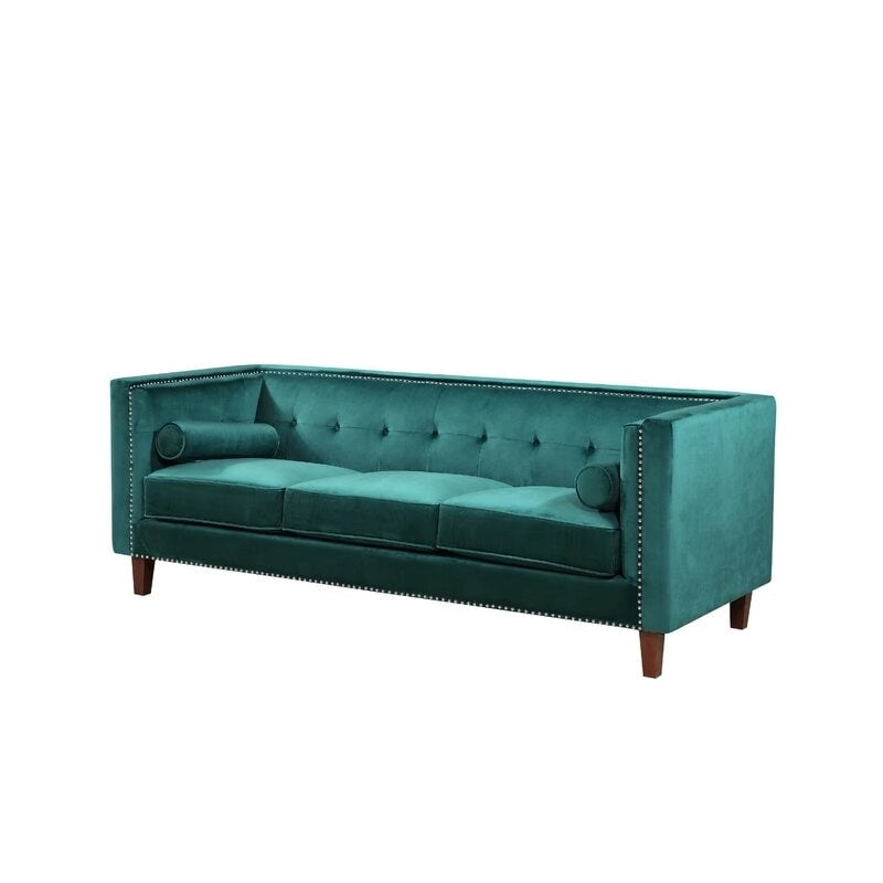 Canapé Chesterfield 3 places en velours à accoudoirs carrés de 83" — Bleu / Vert / Gris / Ivoire