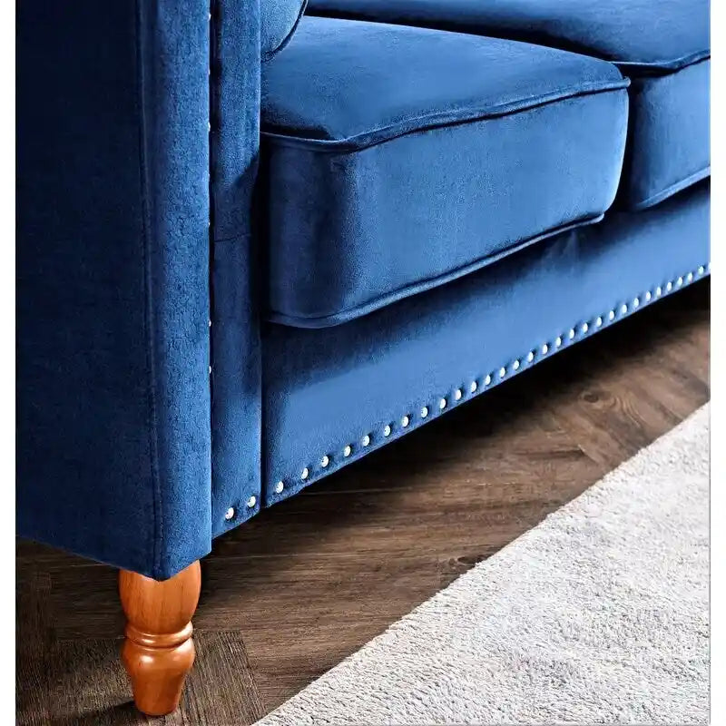 Canapé Chesterfield 3 places en velours à accoudoirs carrés de 83" — Bleu / Vert / Gris / Ivoire