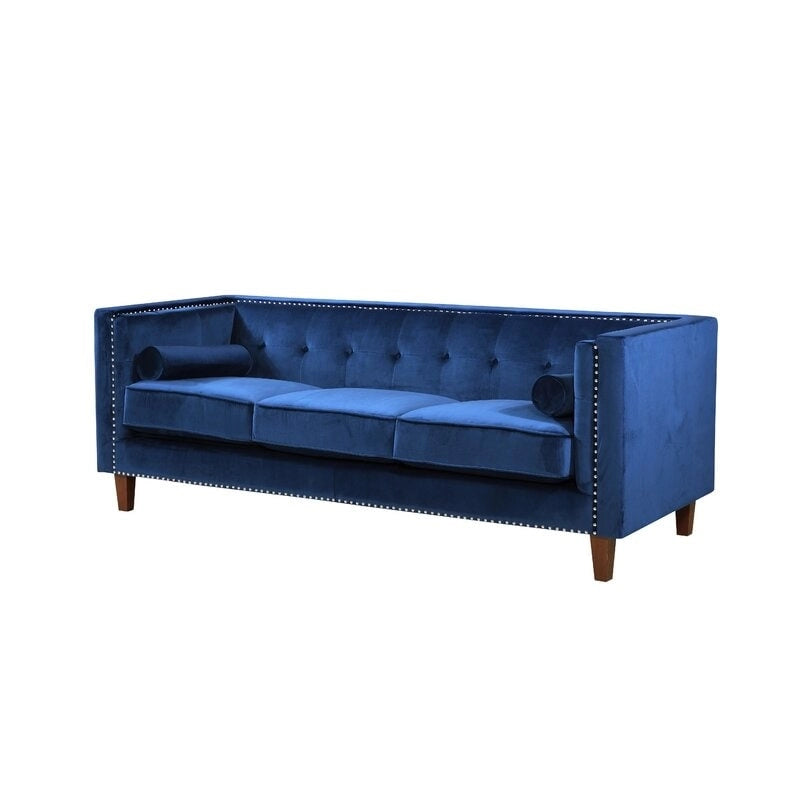 Canapé Chesterfield 3 places en velours à accoudoirs carrés de 83" — Bleu / Vert / Gris / Ivoire