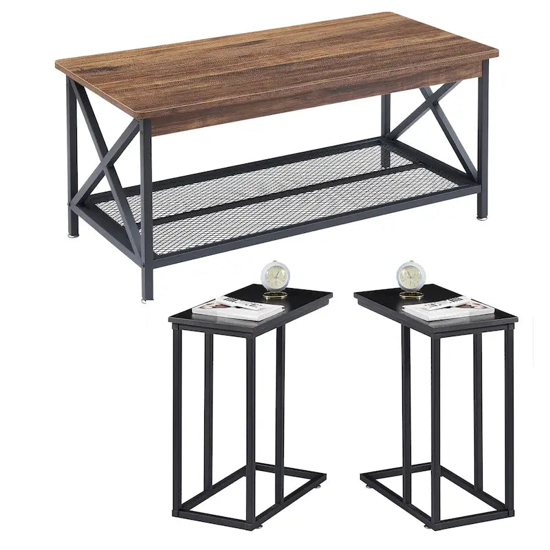 Ensemble de 3 tables basses et tables d'appoint en C noir/gris/marron pour salon