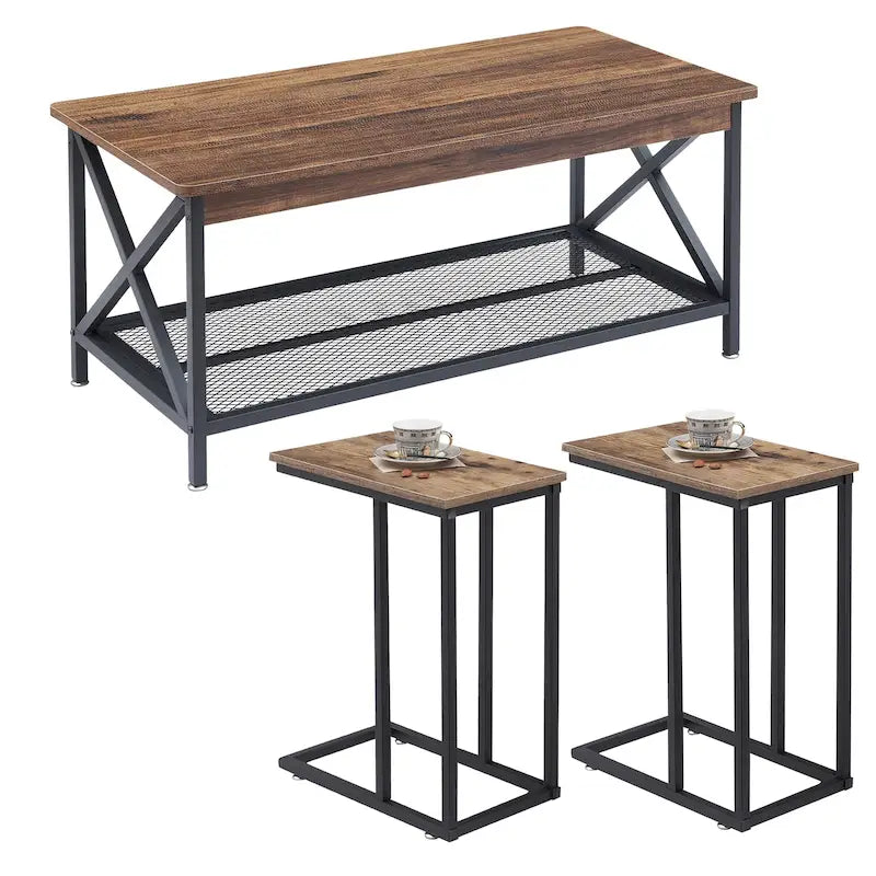 Ensemble de 3 tables basses et tables d'appoint en C noir/gris/marron pour salon