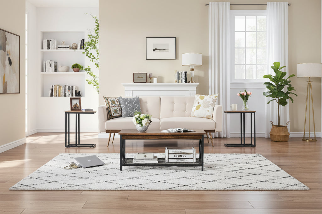Ensemble de 3 tables basses et tables d'appoint en C noir/gris/marron pour salon