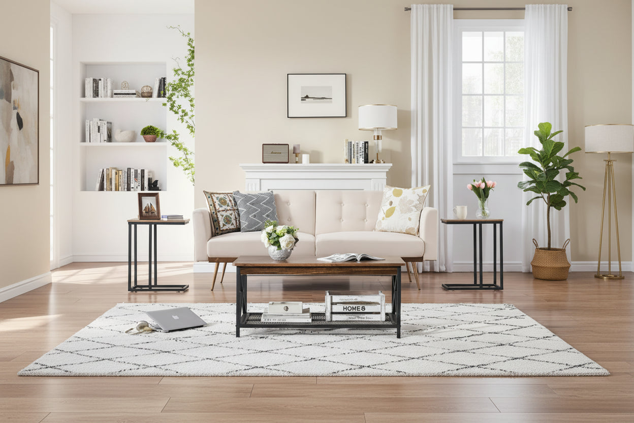 Ensemble de 3 tables basses et tables d'appoint en C noir/gris/marron pour salon