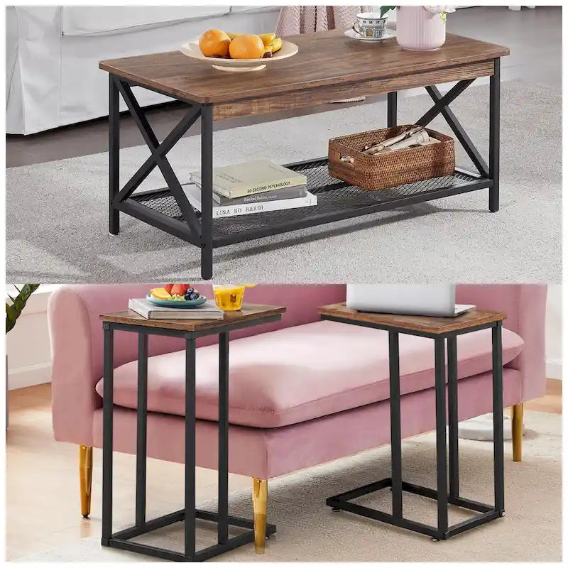 Ensemble de 3 tables basses et tables d'appoint en C noir/gris/marron pour salon