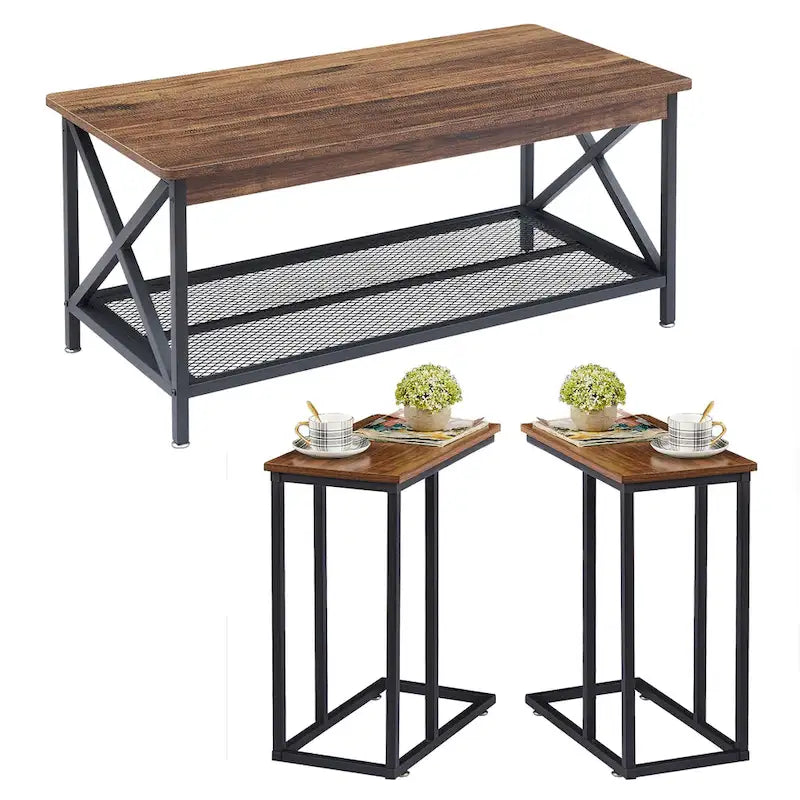 Ensemble de 3 tables basses et tables d'appoint en C noir/gris/marron pour salon