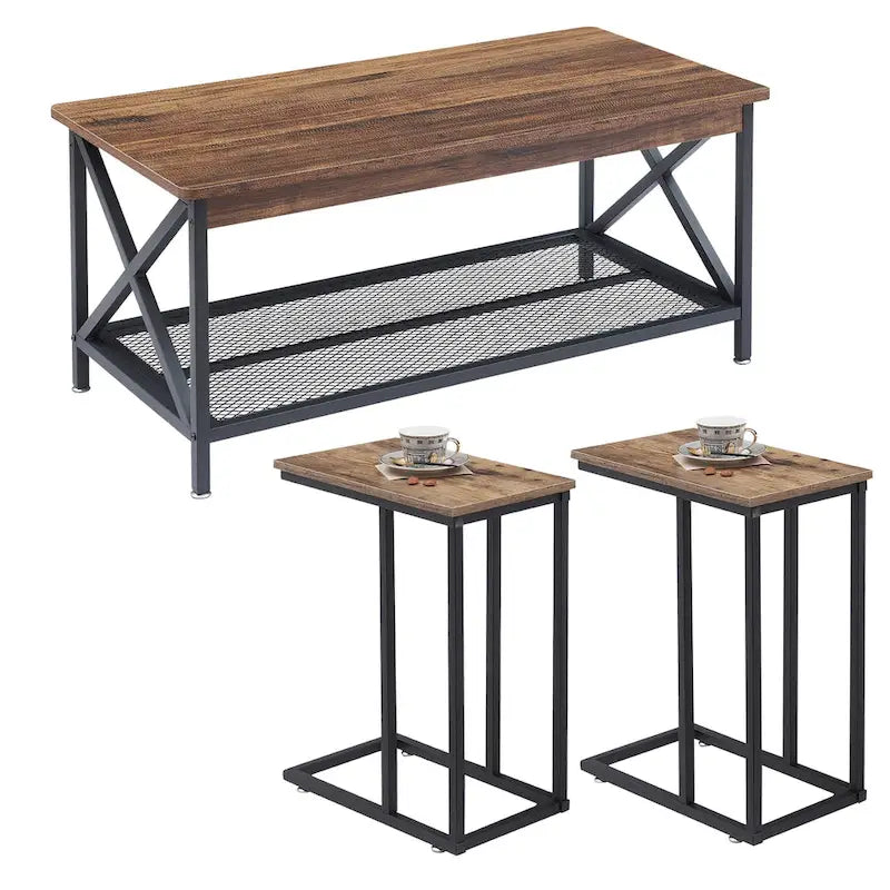 Ensemble de 3 tables basses et tables d'appoint en C noir/gris/marron pour salon