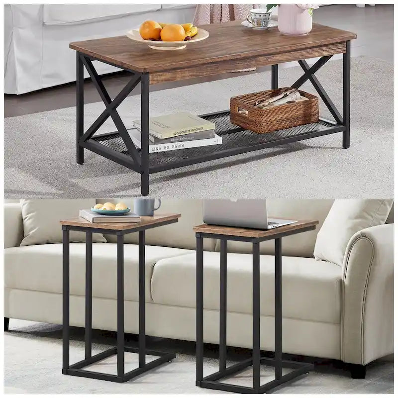 Ensemble de 3 tables basses et tables d'appoint en C noir/gris/marron pour salon