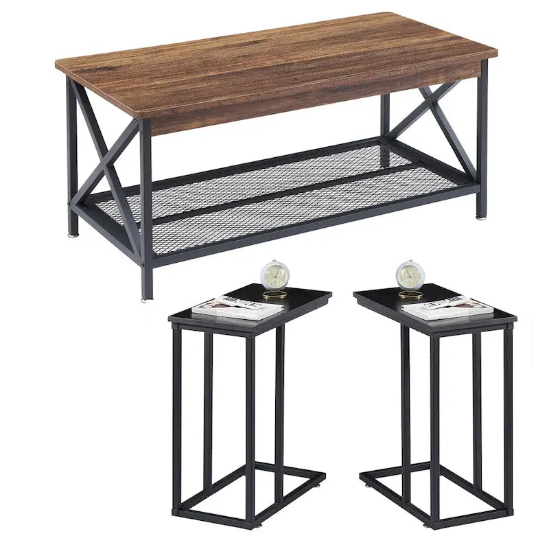 Ensemble de 3 tables basses et tables d'appoint en C noir/gris/marron pour salon