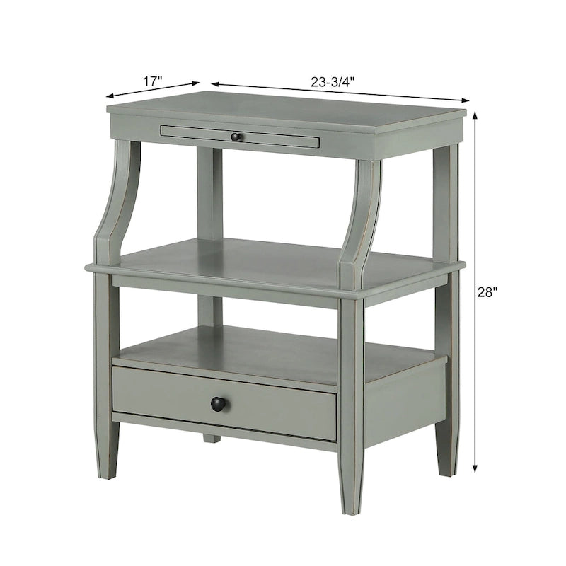 Table d'appoint à 3 niveaux avec tiroir et tablette coulissante, Bleu Marine / Gris Antique / Blanc Antique