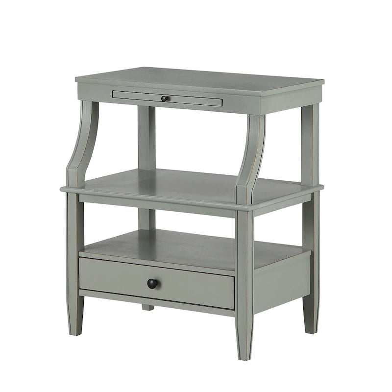 Table d'appoint à 3 niveaux avec tiroir et tablette coulissante, Bleu Marine / Gris Antique / Blanc Antique