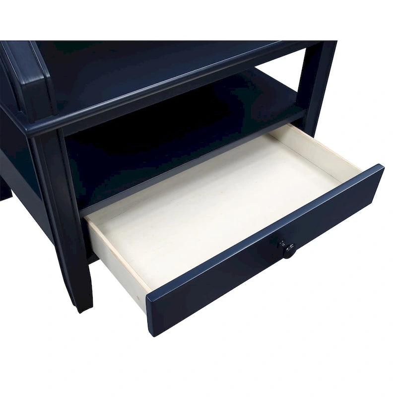 Table d'appoint à 3 niveaux avec tiroir et tablette coulissante, Bleu Marine / Gris Antique / Blanc Antique