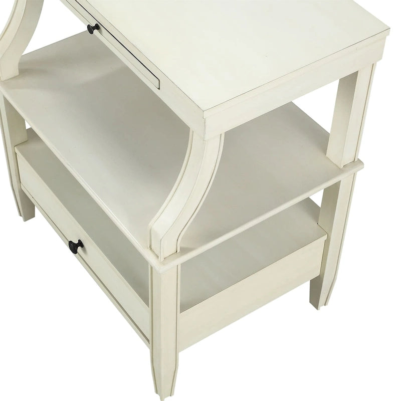 Table d'appoint à 3 niveaux avec tiroir et tablette coulissante, Bleu Marine / Gris Antique / Blanc Antique