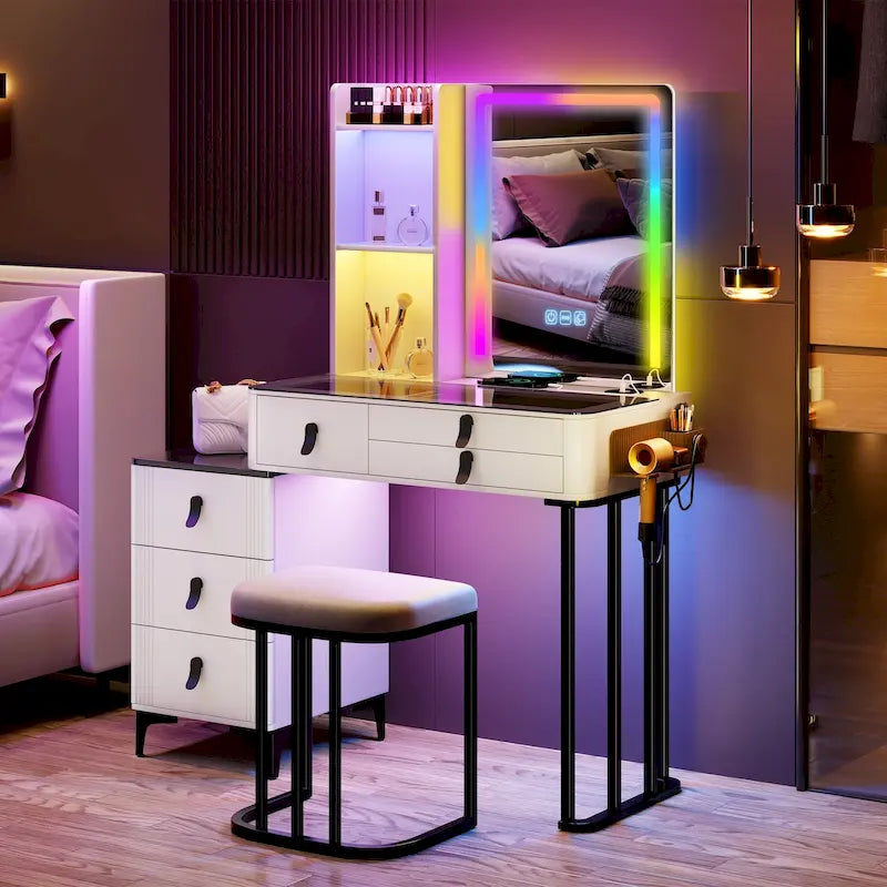 Coiffeuse avec miroir LED RGB et chaise, gris/blanc, une personne