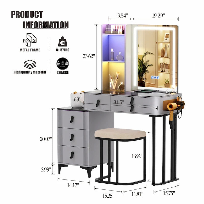 Coiffeuse avec miroir LED RGB et chaise, gris/blanc, une personne