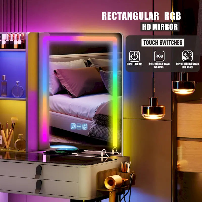 Coiffeuse avec miroir LED RGB et chaise, gris/blanc, une personne