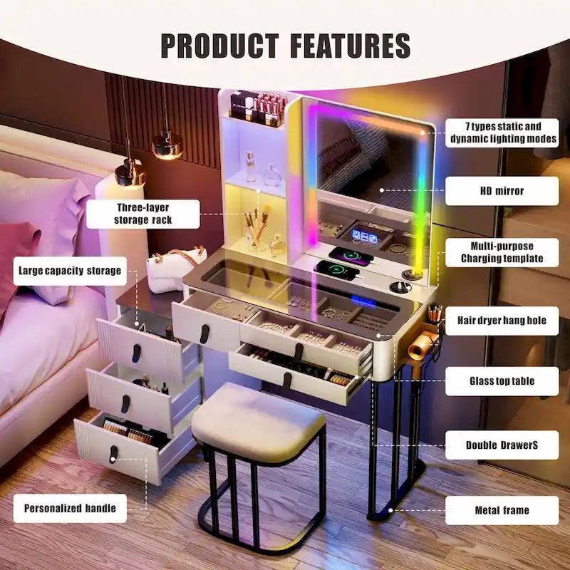 Coiffeuse avec miroir LED RGB et chaise, gris/blanc, une personne