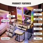 Coiffeuse avec miroir LED RGB et chaise, gris/blanc, une personne