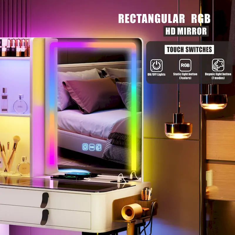 Coiffeuse avec miroir LED RGB et chaise, gris/blanc, une personne