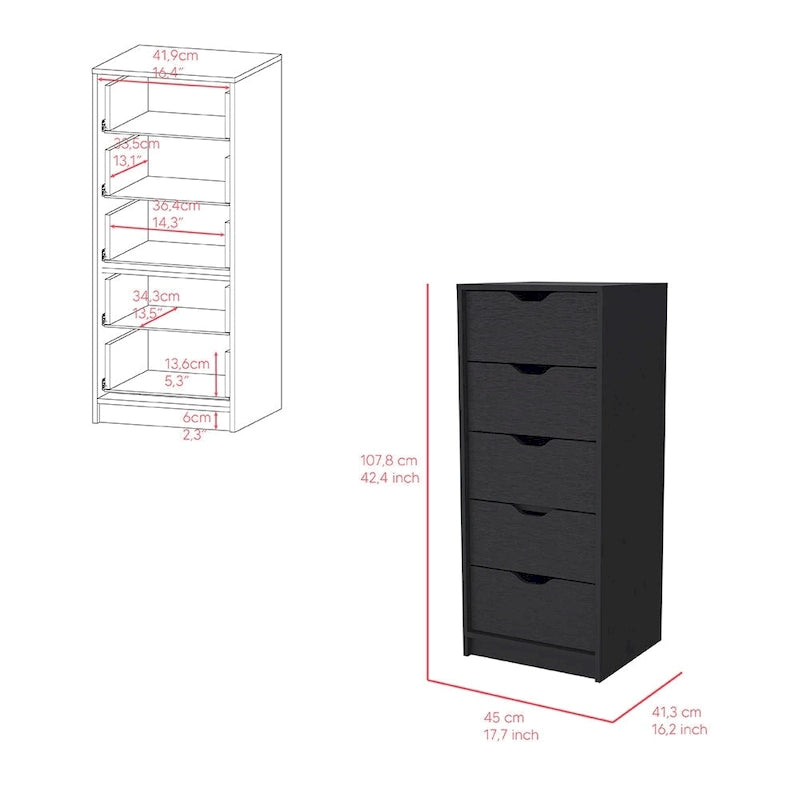 Commode étroite à 5 tiroirs, blanc/noir